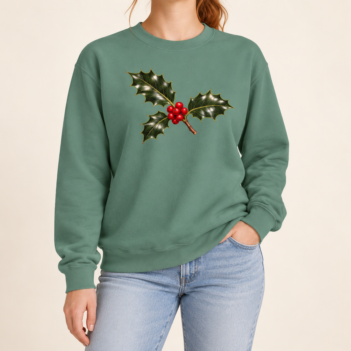 Holly sweatshirt in Light Green worn, holly sprig with red berries
