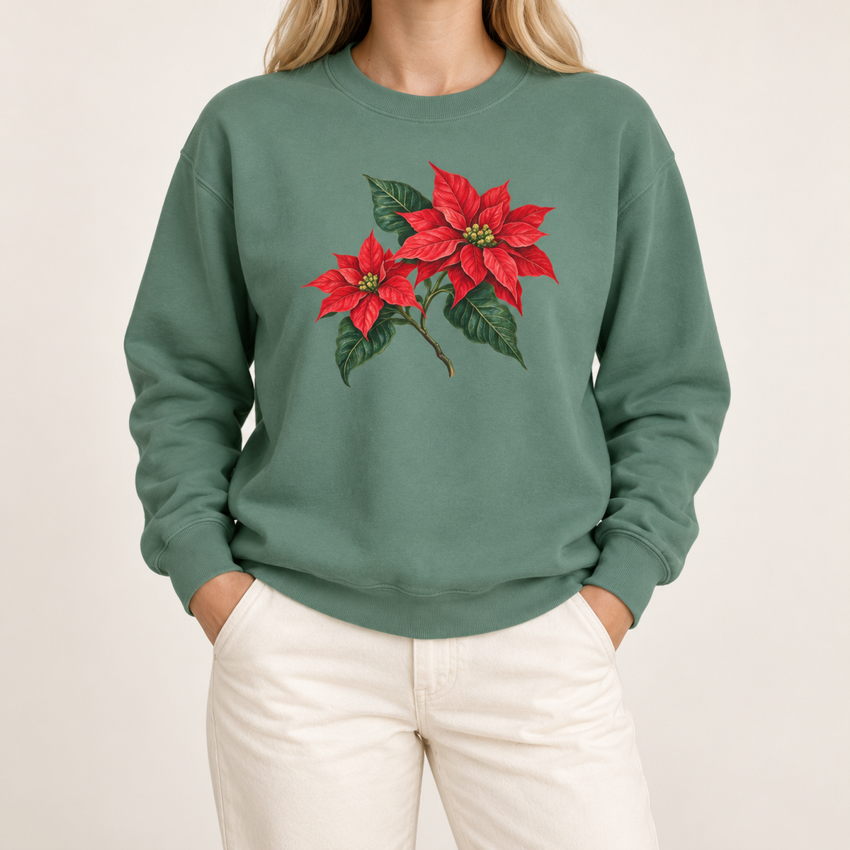 Poinsettia sweatshirt in Light Green worn, red poinsettia sprig