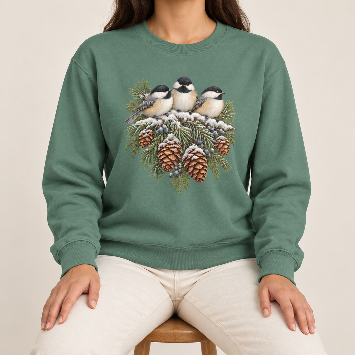 Light green chickadee sweatshirt - three chickadees and snowy pinecones on a sage garment-dyed crewneck