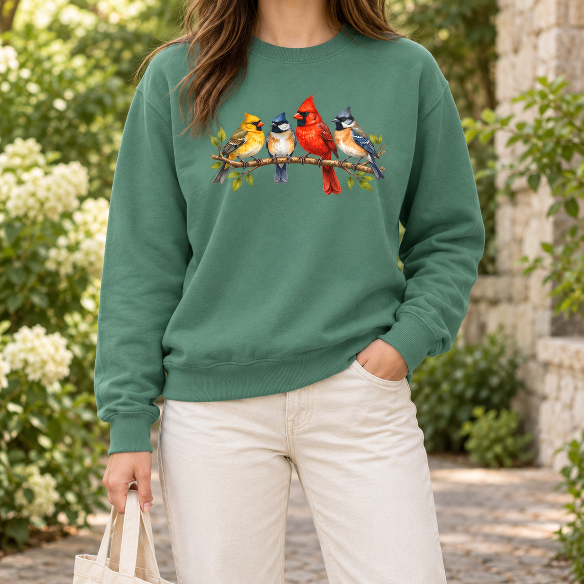 Four Colorful Songbirds on a Leafy Branch Sweatshirt in Light Green, worn in a garden - four songbirds on a sage green crewneck