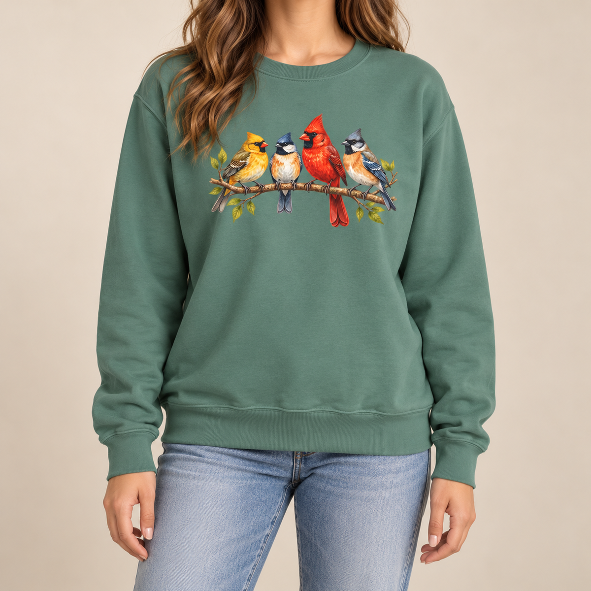 Light Green four-bird branch sweatshirt - Four Colorful Songbirds on a Leafy Branch Sweatshirt in sage green