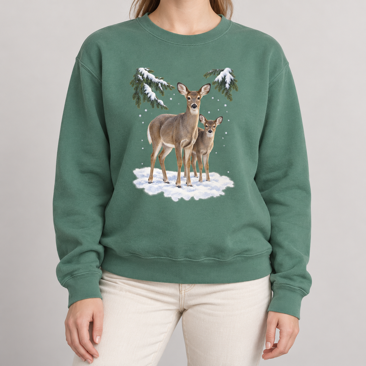 Winter Deer sweatshirt in Light Green, worn, doe and fawn in the snow print