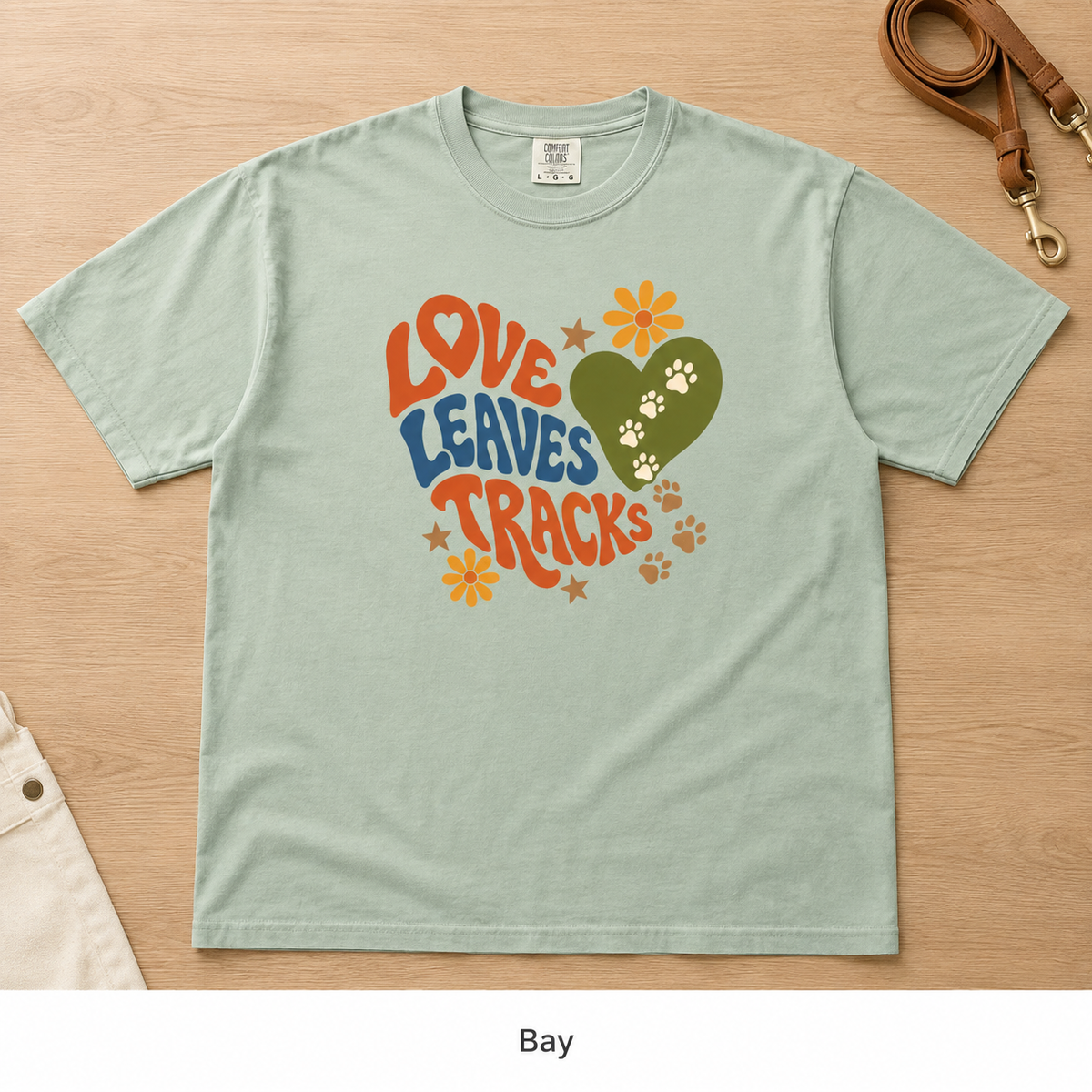 Love Leaves Tracks Dog Lover T-Shirt — Garment-Dyed Cotton