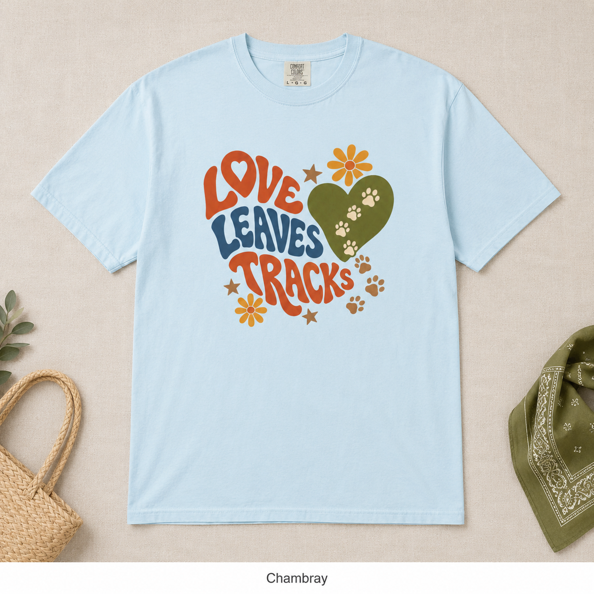Love Leaves Tracks Dog Lover T-Shirt — Garment-Dyed Cotton
