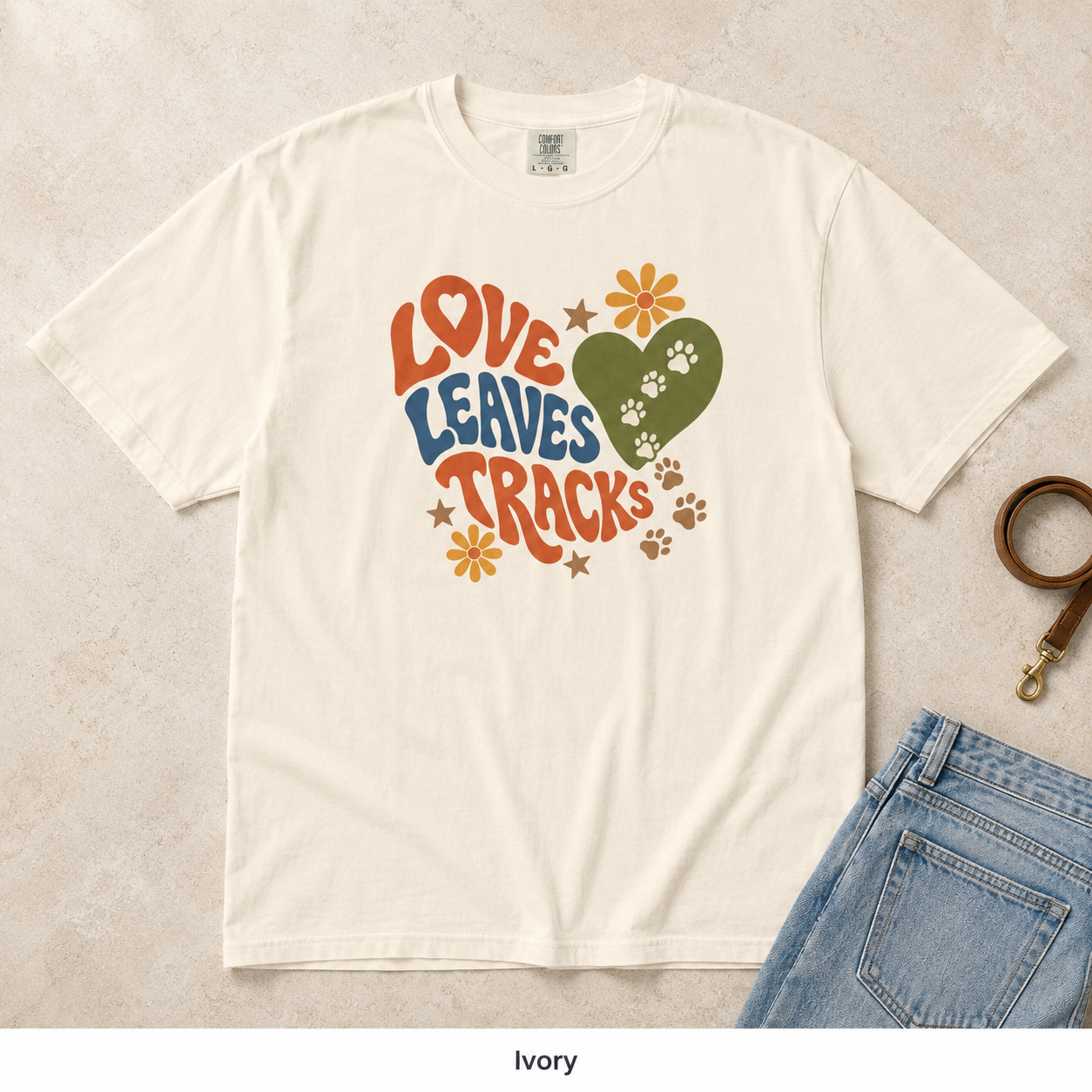 Love Leaves Tracks Dog Lover T-Shirt — Garment-Dyed Cotton