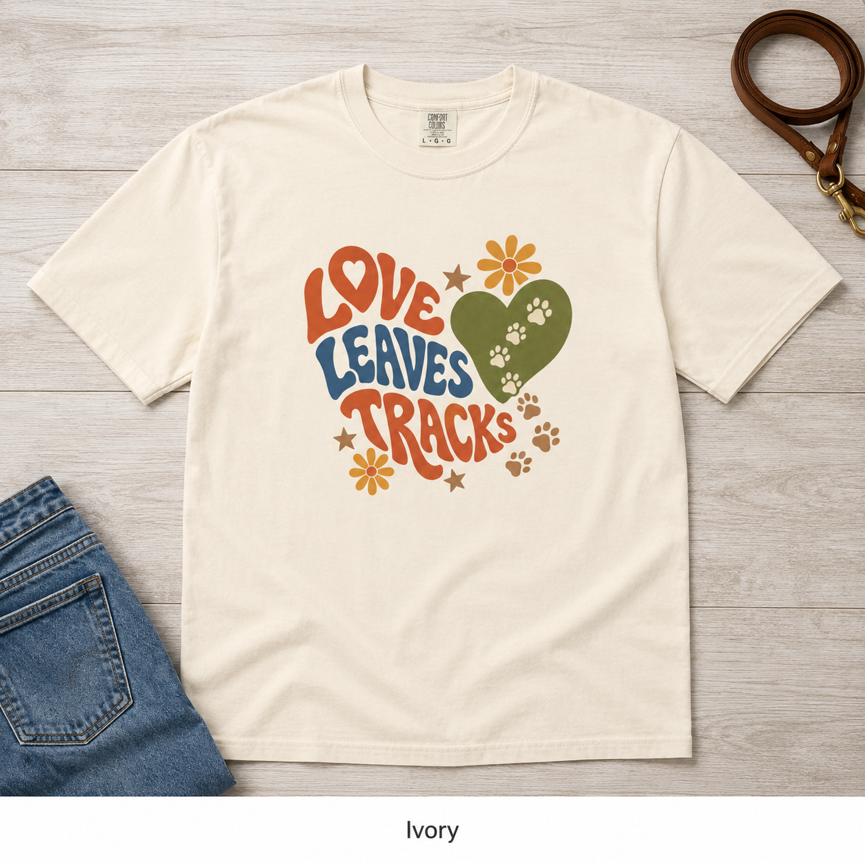 Love Leaves Tracks Dog Lover T-Shirt — Garment-Dyed Cotton