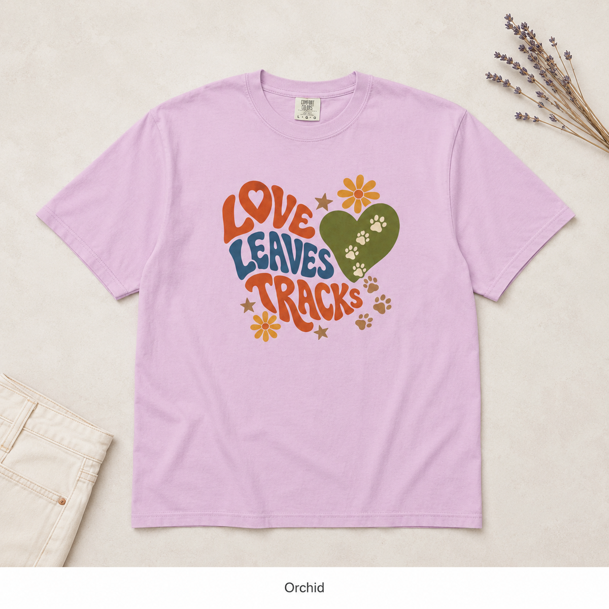Love Leaves Tracks Dog Lover T-Shirt — Garment-Dyed Cotton