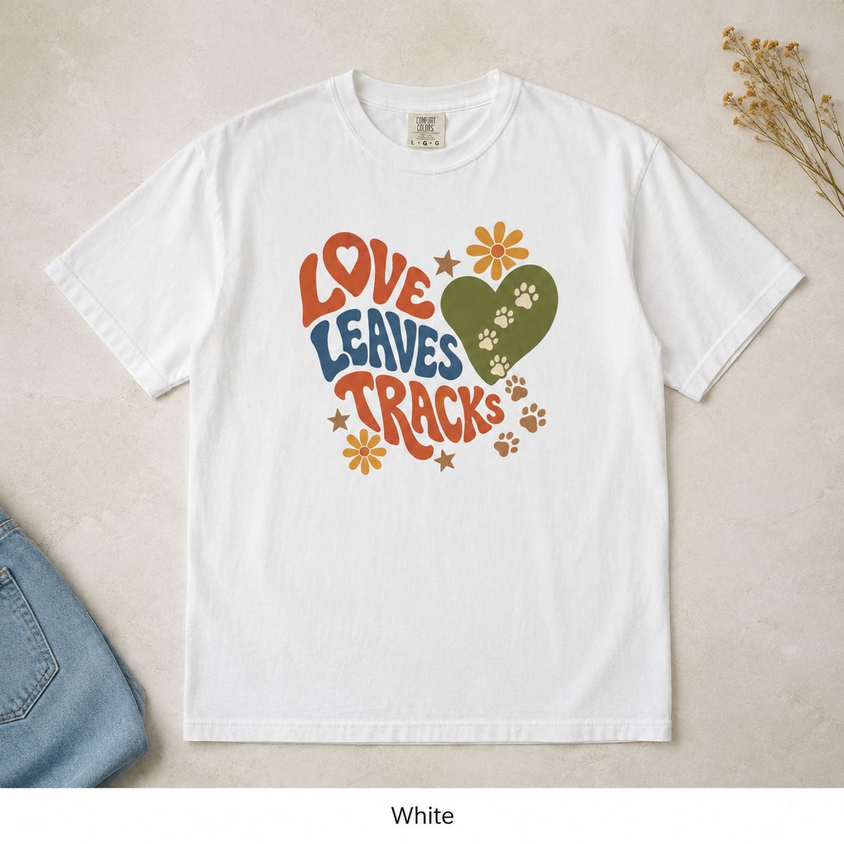 Love Leaves Tracks Dog Lover T-Shirt — Garment-Dyed Cotton