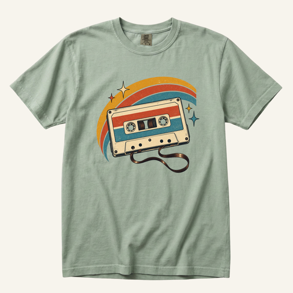 Made You a Mixtape T-Shirt in Bay — soft sage green with the retro cassette graphic