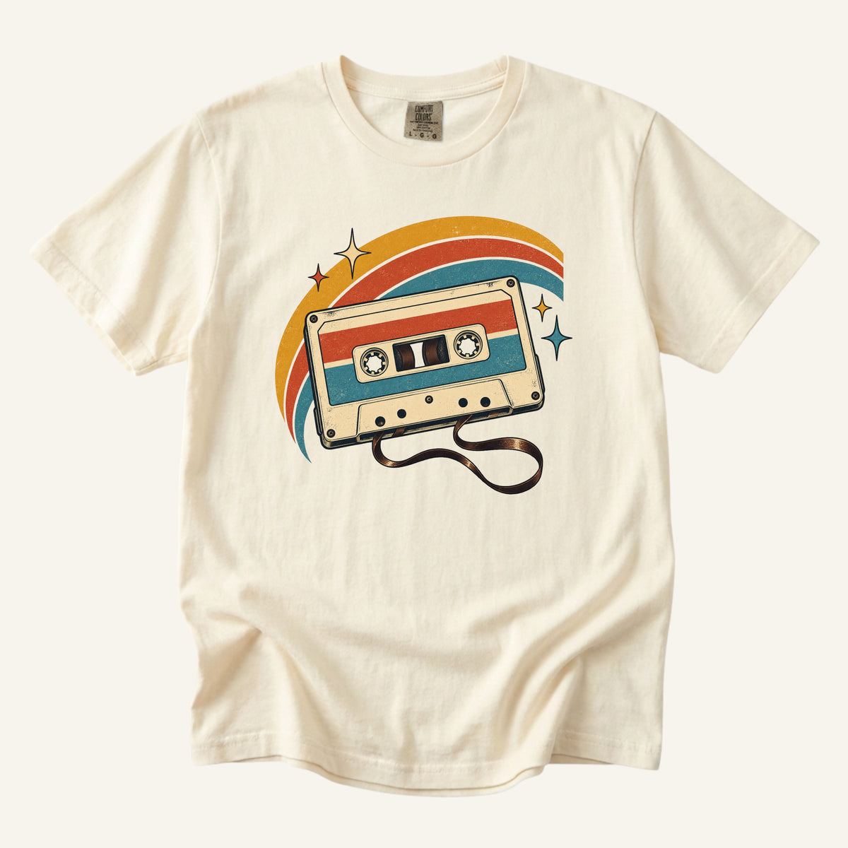Made You a Mixtape T-Shirt in Ivory — a softer nostalgic ground for the cassette and rainbow artwork
