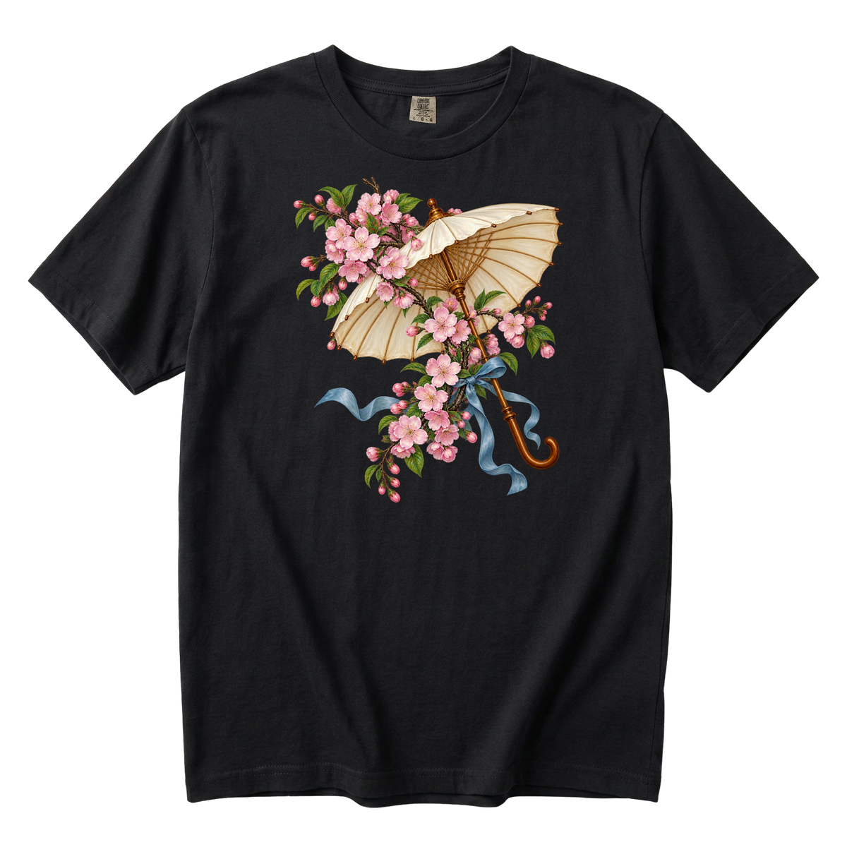 Meet Me Under the Blossoms parasol tee in Black, a cream parasol with pink blossoms and a blue ribbon