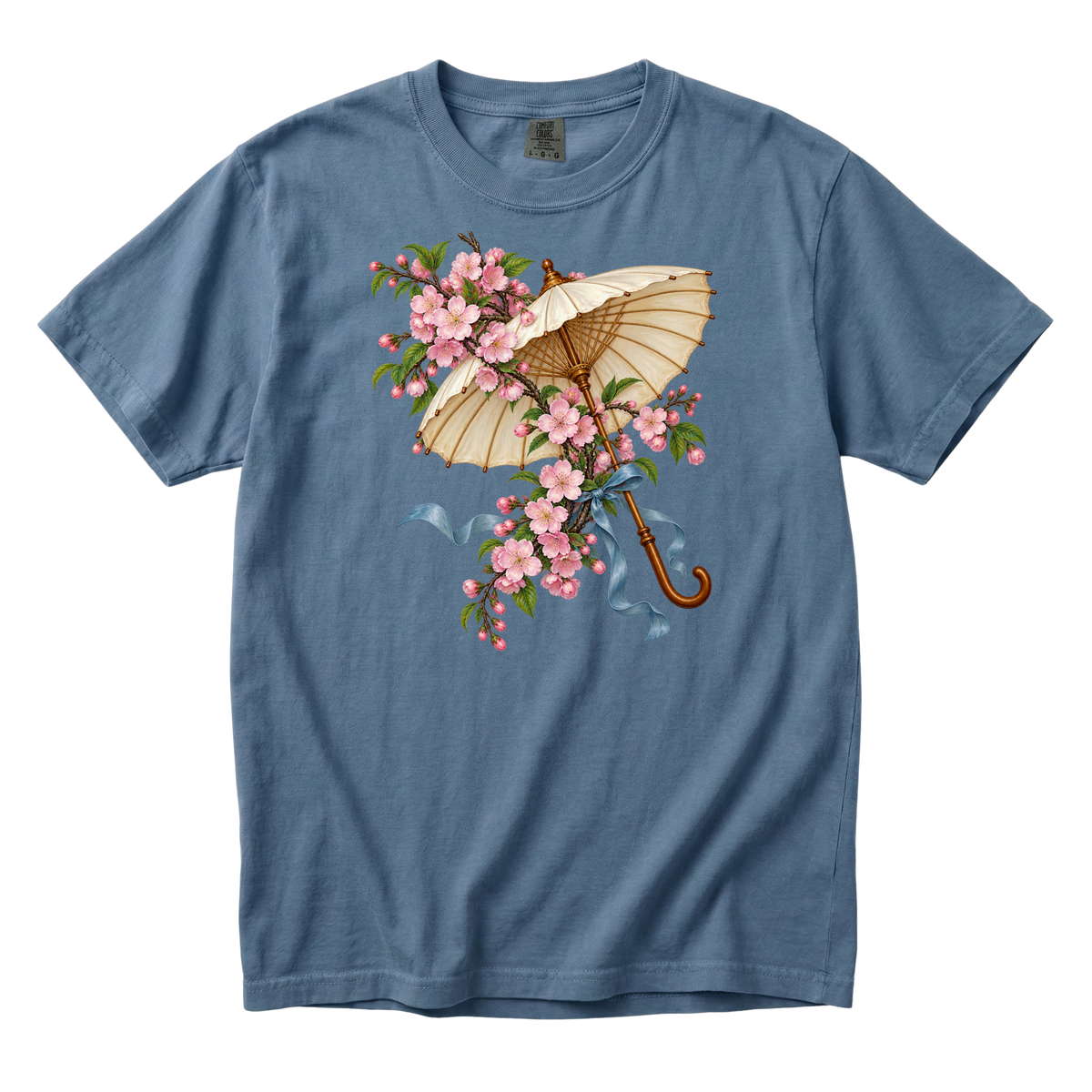 Meet Me Under the Blossoms parasol tee in Blue Jean, a floral parasol and pink blossom print