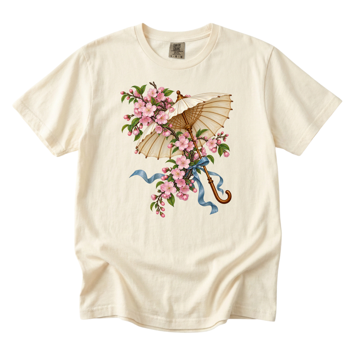 Meet Me Under the Blossoms parasol tee in Ivory, a tonal cream parasol among pink blossoms