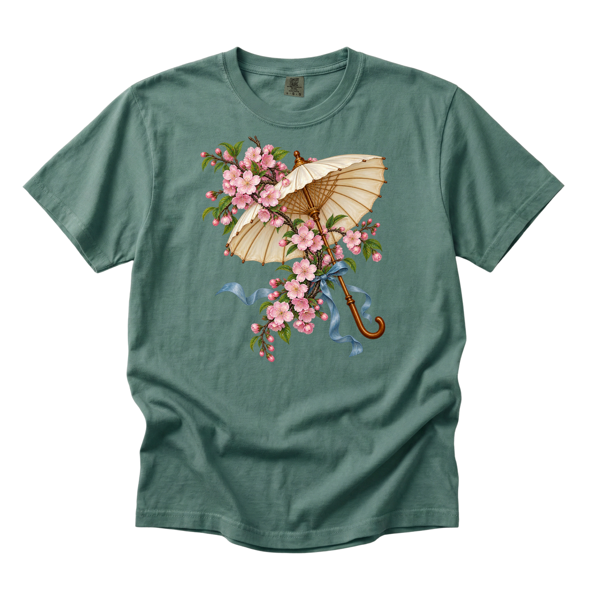 Meet Me Under the Blossoms parasol tee in Light Green, a floral parasol with a trailing blue ribbon