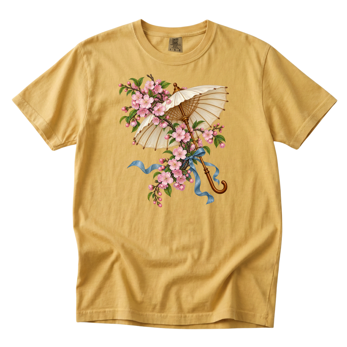 Meet Me Under the Blossoms parasol tee in Mustard, a cream parasol among pink flowering branches