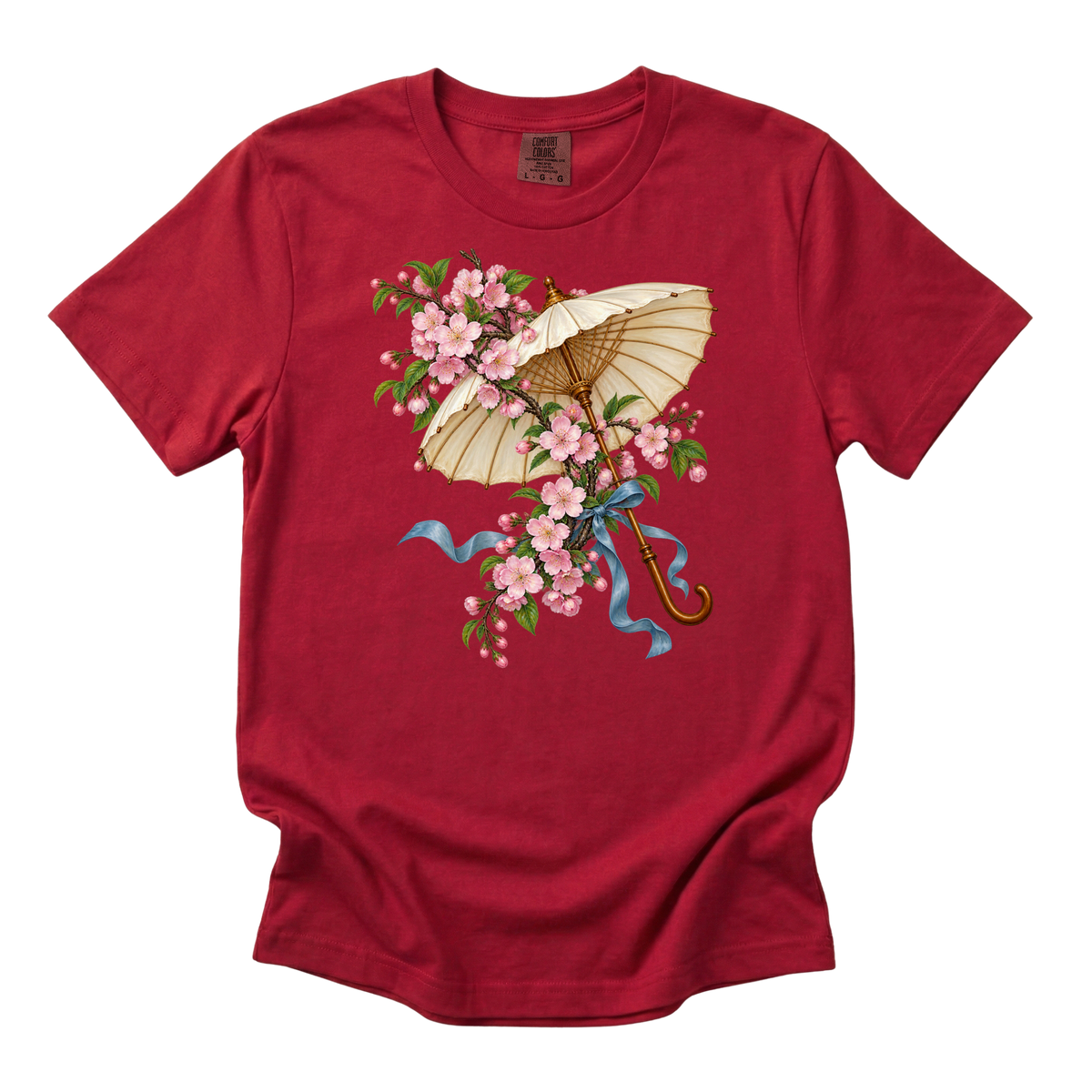 Meet Me Under the Blossoms parasol tee in Red, a cream parasol with pink blossoms and a blue ribbon