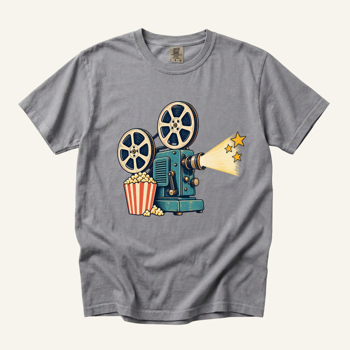 Meet Me at the Movies T-Shirt in Grey — the projector, popcorn and starry beam on neutral grey