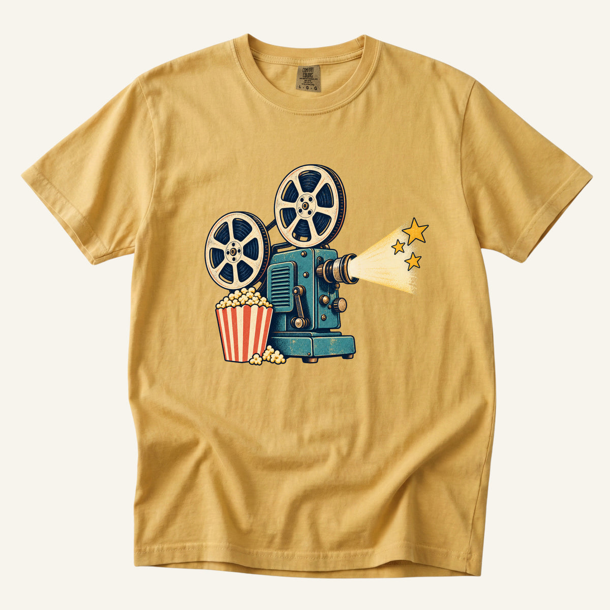 Meet Me at the Movies T-Shirt in Mustard — a gift for movie lovers on garment-dyed cotton