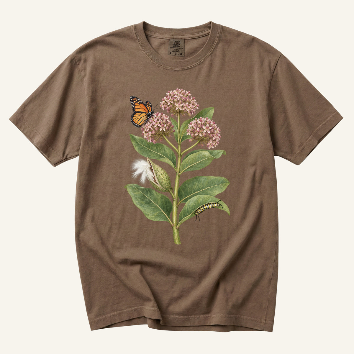Milkweed & Monarch T-Shirt in Espresso — monarch host plant botanical tee, made to order in the USA