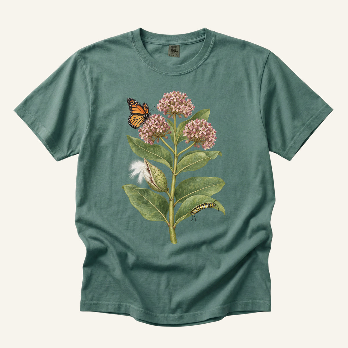 Milkweed & Monarch T-Shirt in Light Green — pollinator garden tee, sizes S to 4XL