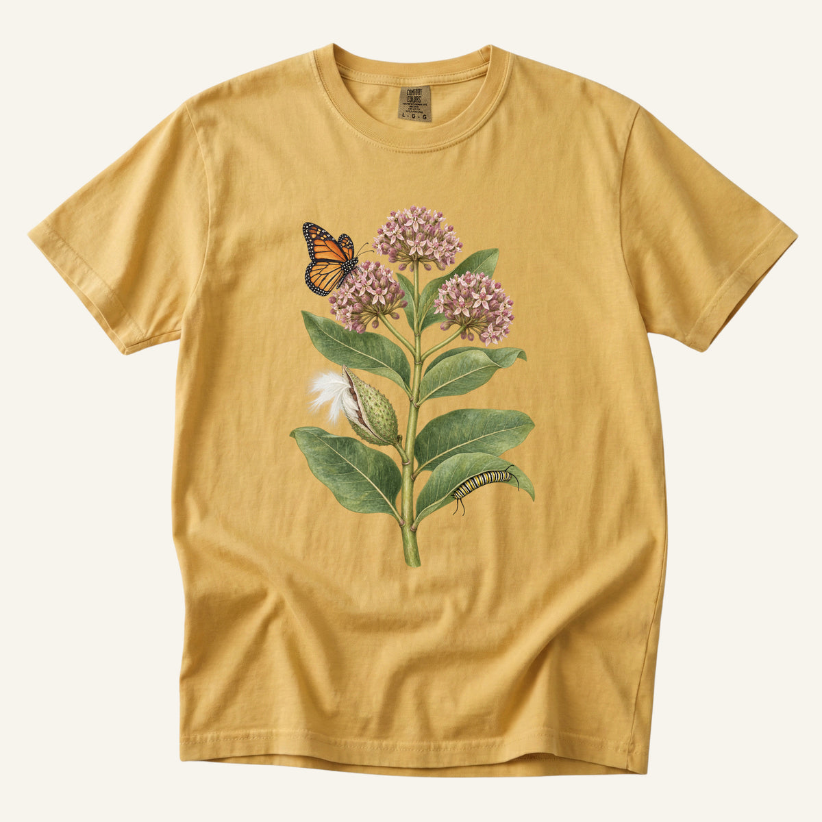 Milkweed & Monarch T-Shirt in Mustard — milkweed umbels, seed pod and monarch butterfly design