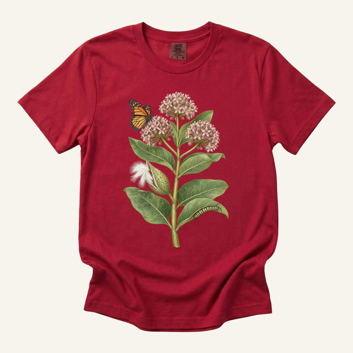 Milkweed & Monarch T-Shirt in Red — botanical milkweed and monarch watercolor, centered front print