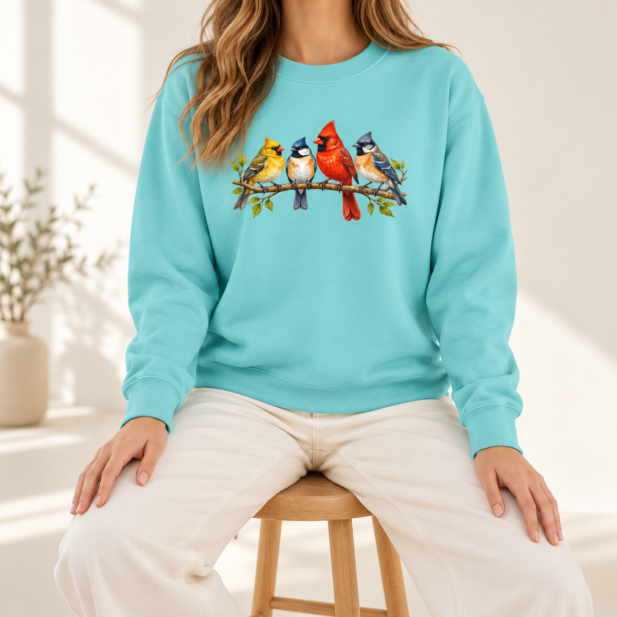 Chalky Mint sweatshirt with the four-bird branch print - Four Colorful Songbirds on a Leafy Branch Sweatshirt lifestyle photo
