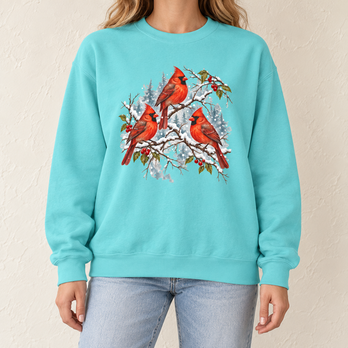 Three Snowy Cardinals on Berry Branches Sweatshirt in Chalky Mint - three red cardinals on snow-covered winterberry branches, printed on a garment-dyed Comfort Colors 1566 crewneck