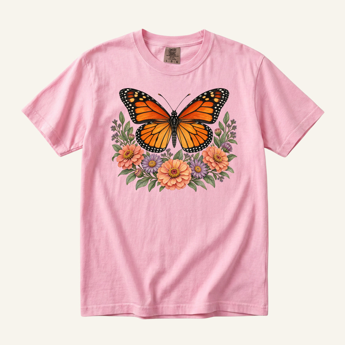 Monarch & Wildflowers T-Shirt in Blossom — pollinator garden tee with monarch butterfly
