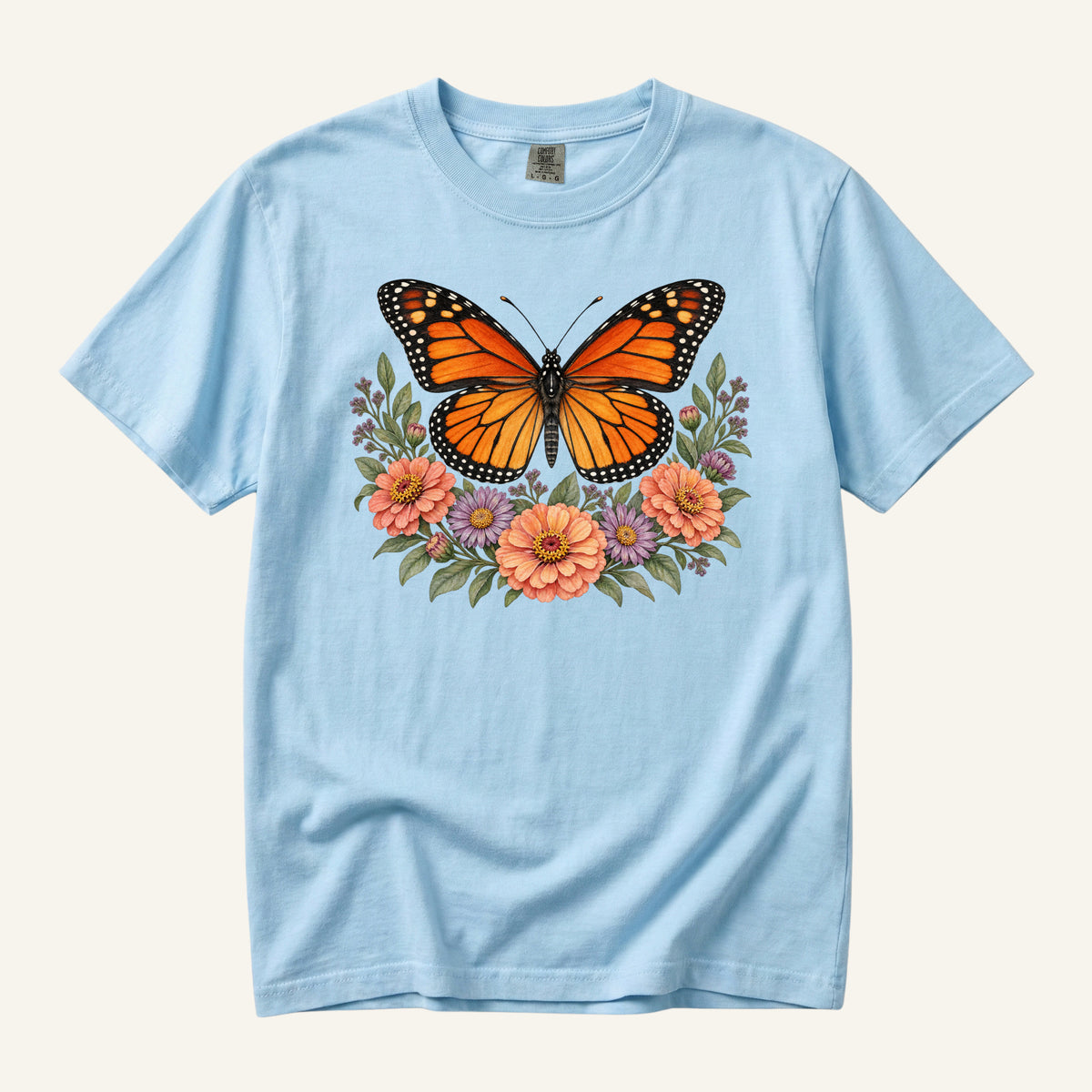 Monarch & Wildflowers T-Shirt in Chambray — monarch among wildflowers, sizes S to 4XL