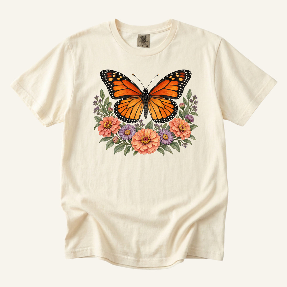 Monarch & Wildflowers T-Shirt in Ivory — gardener gift tee, made to order in the USA