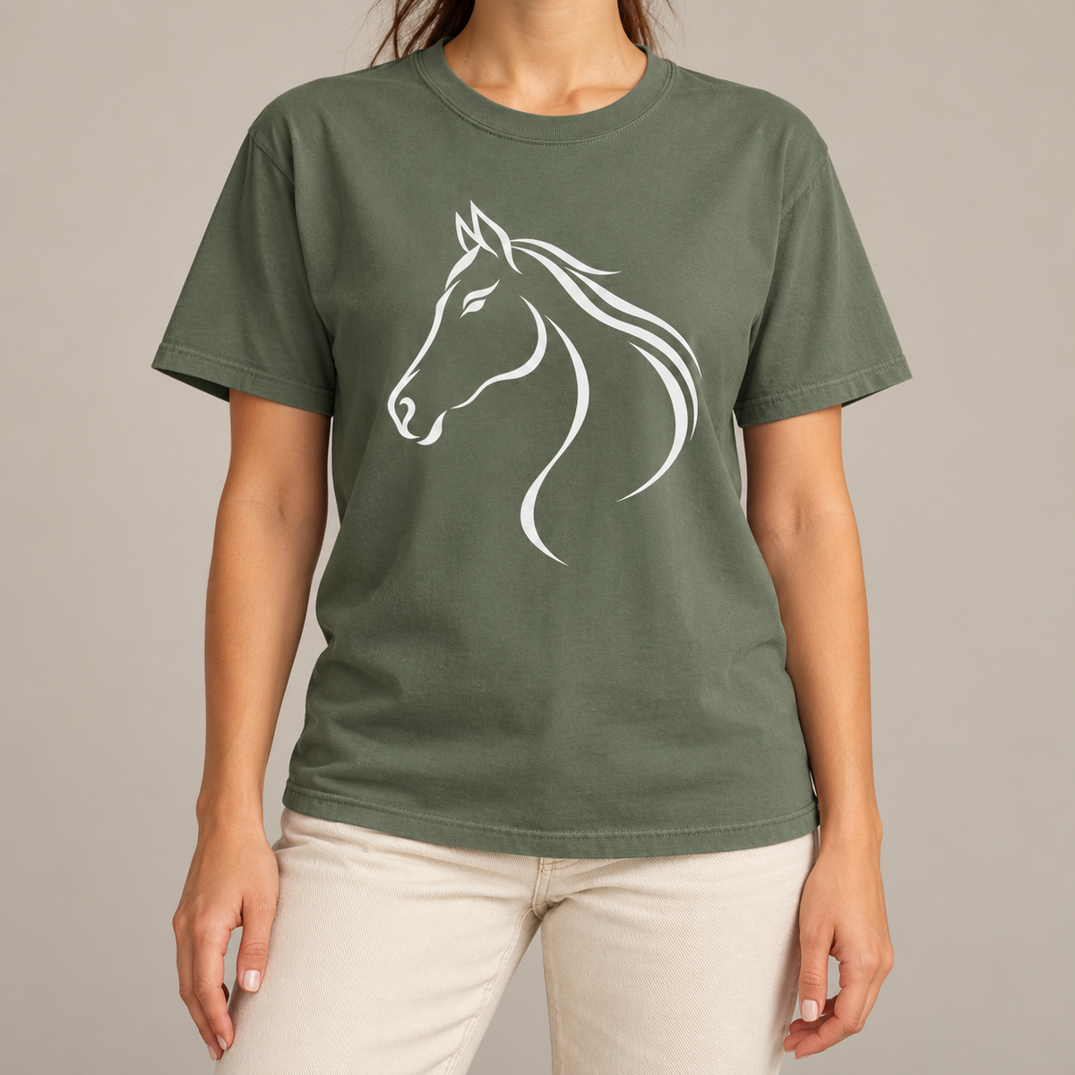 Flowing White Horse Profile T-Shirt in Moss - white line-art horse head on an olive green Comfort Colors tee