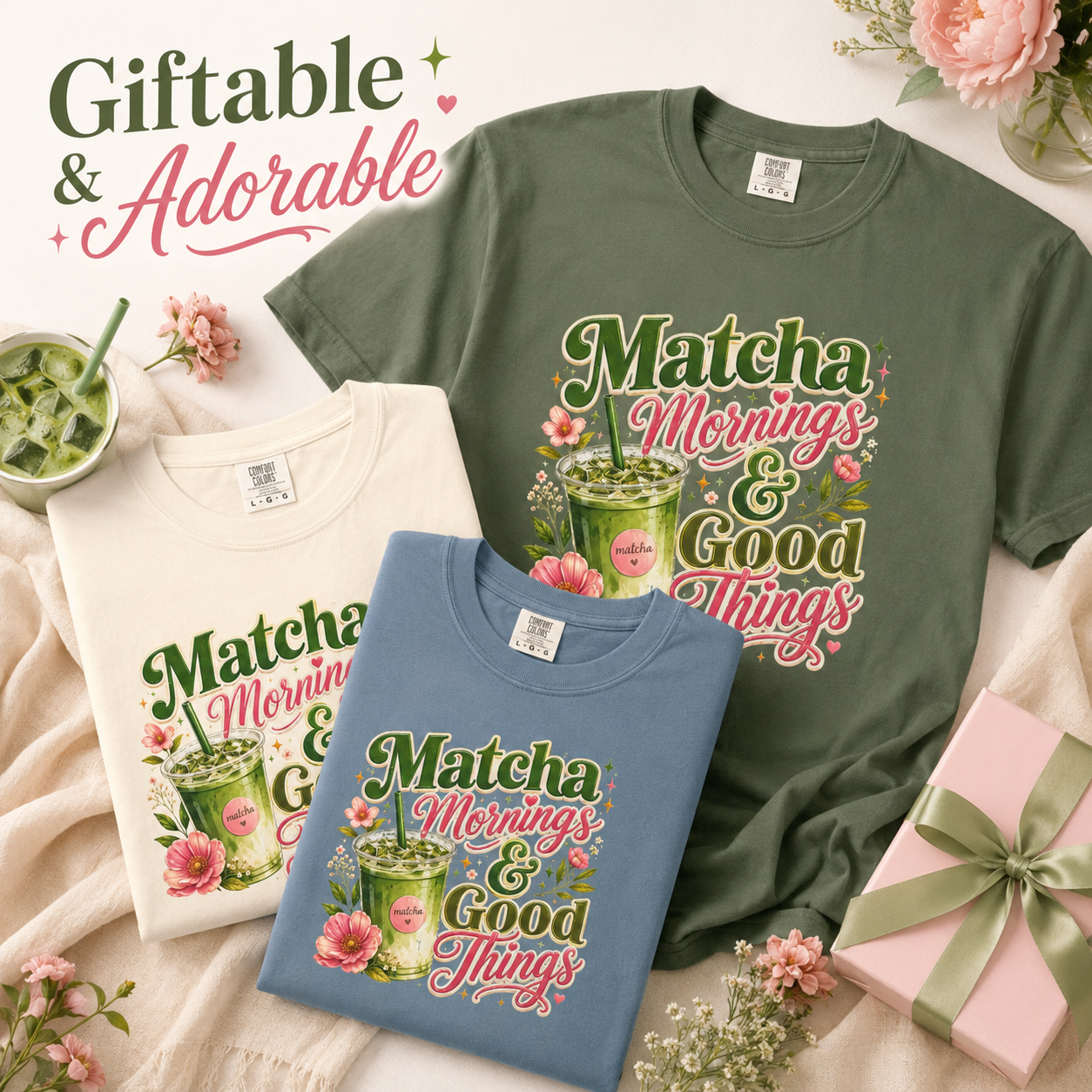 Matcha Mornings and Good Things tee branded slide