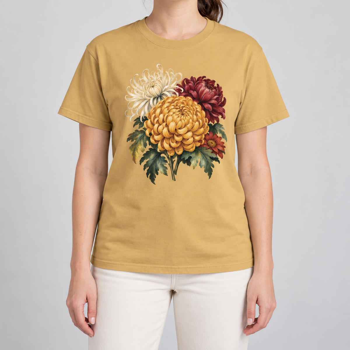 Chrysanthemum T-shirt in Mustard, gold and rust chrysanthemums