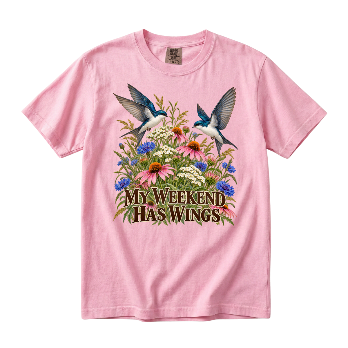 My Weekend Has Wings tee in Blossom, birds above pink coneflowers on soft pink