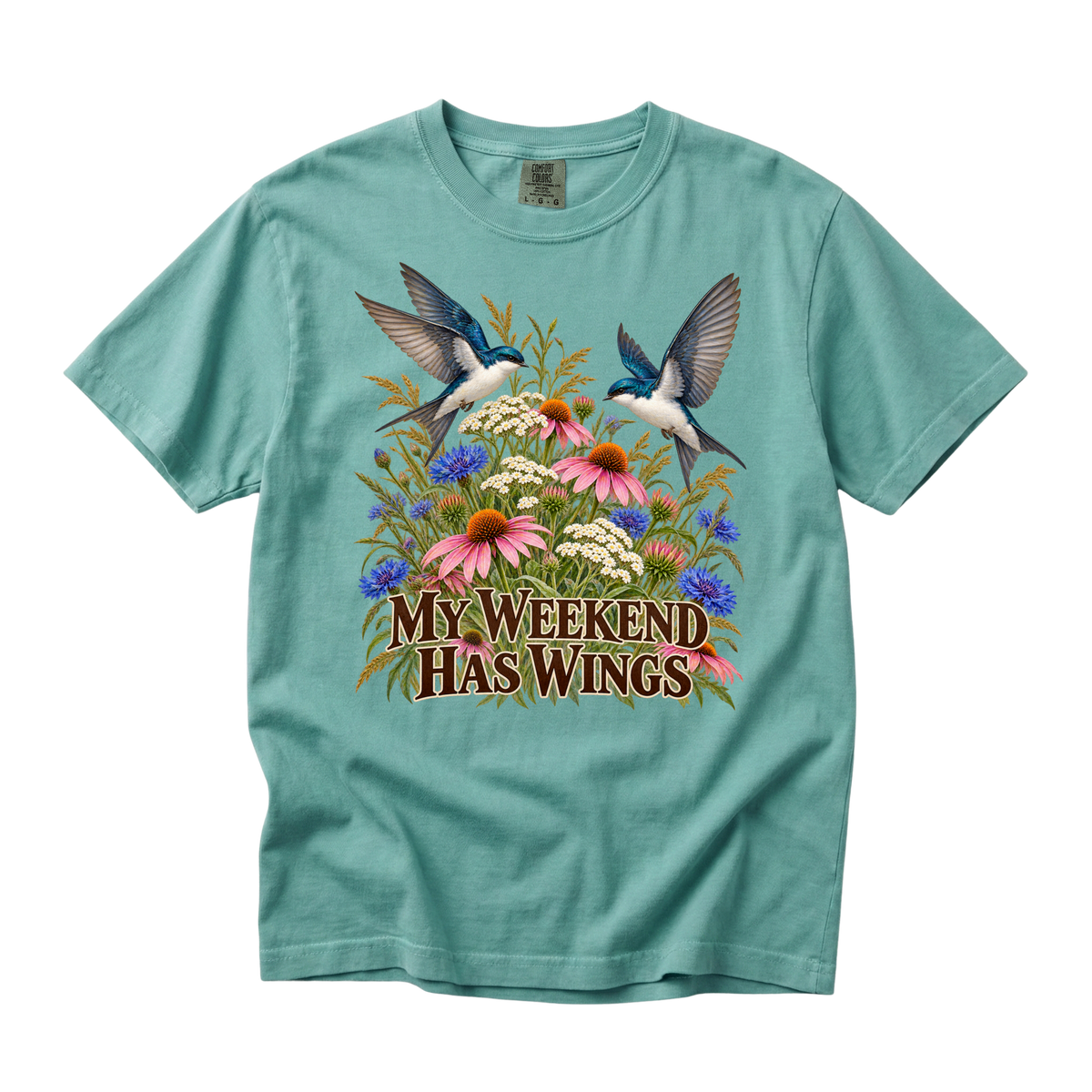 My Weekend Has Wings tee in Chalky Mint, a botanical bird and wildflower print