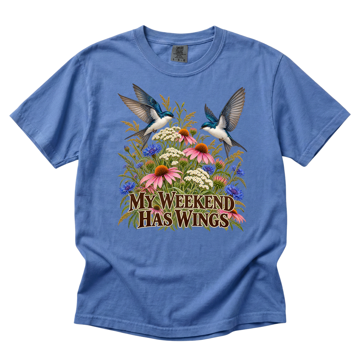 My Weekend Has Wings tee in Flo Blue, a bird and wildflower birdwatcher print