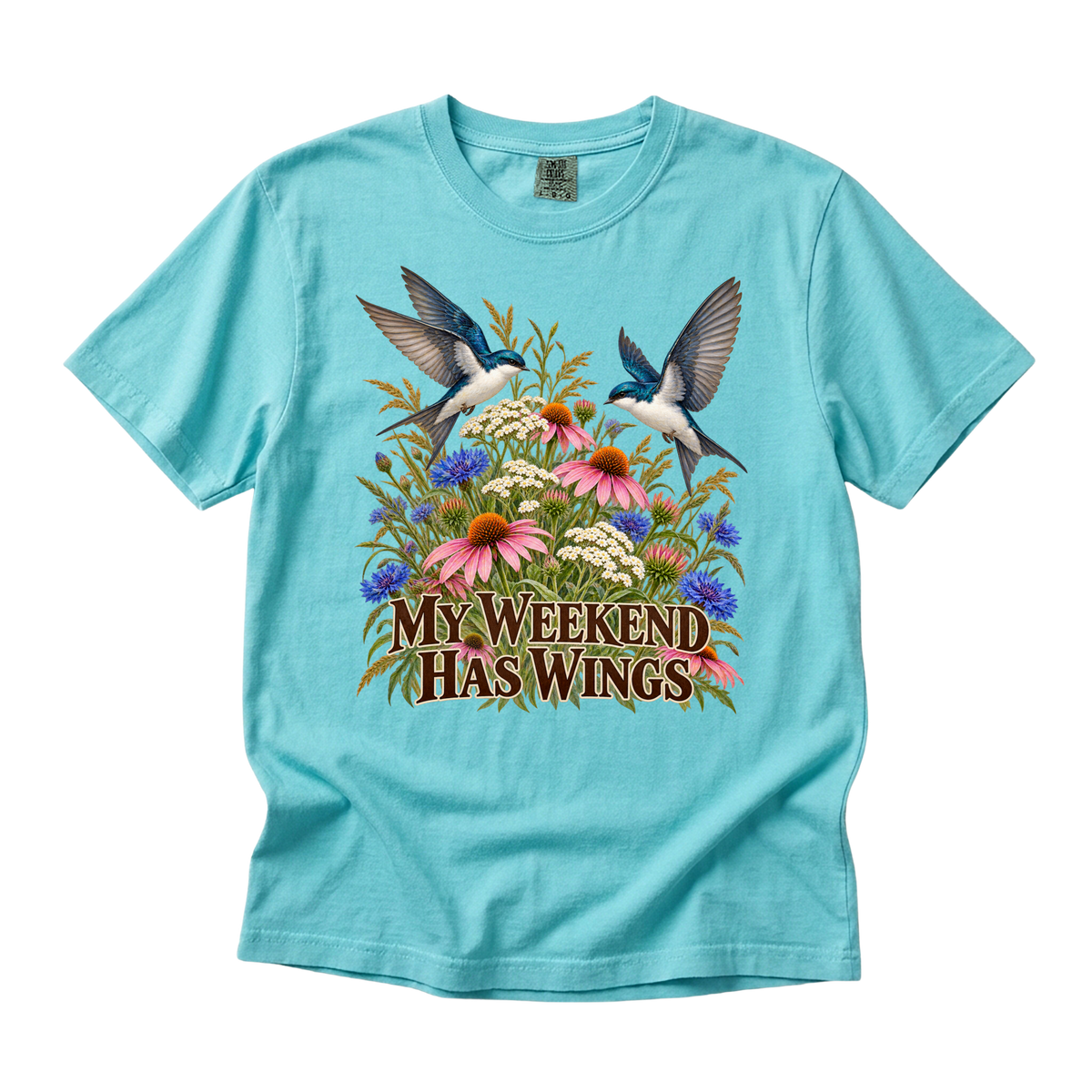 My Weekend Has Wings tee in Lagoon Blue, two birds over a wildflower meadow