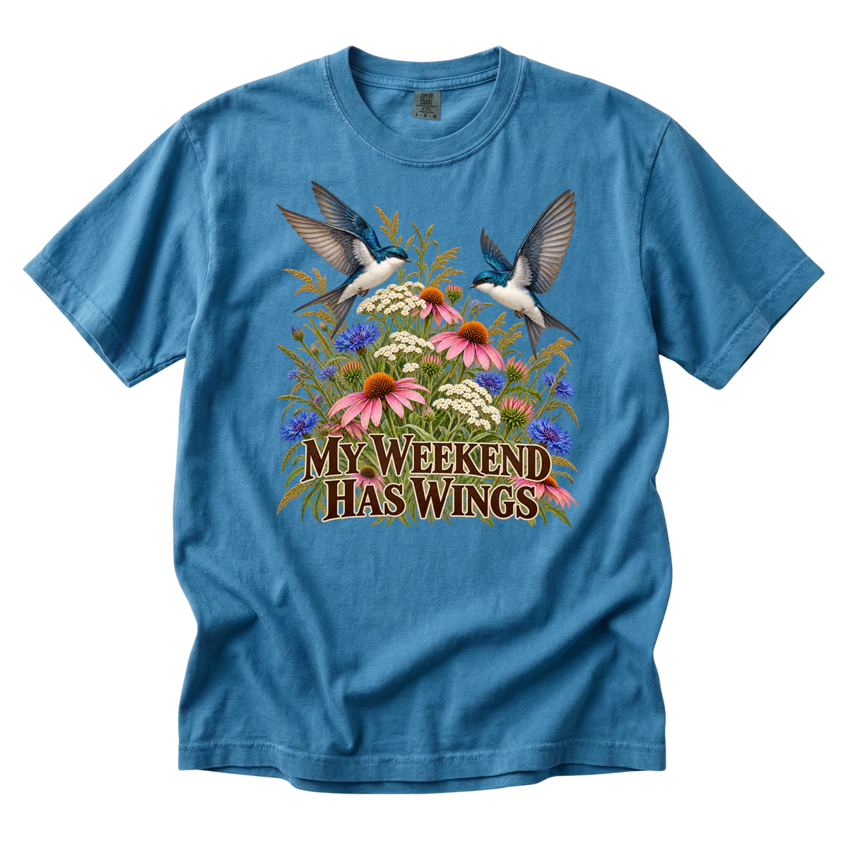 My Weekend Has Wings tee in Sapphire, two birds above wildflowers on deep blue