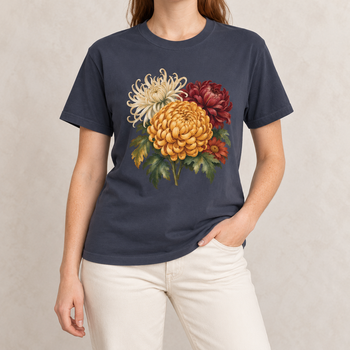 Chrysanthemum T-shirt in Navy, a bunch of gold, cream and wine-red chrysanthemums, the November birth flower