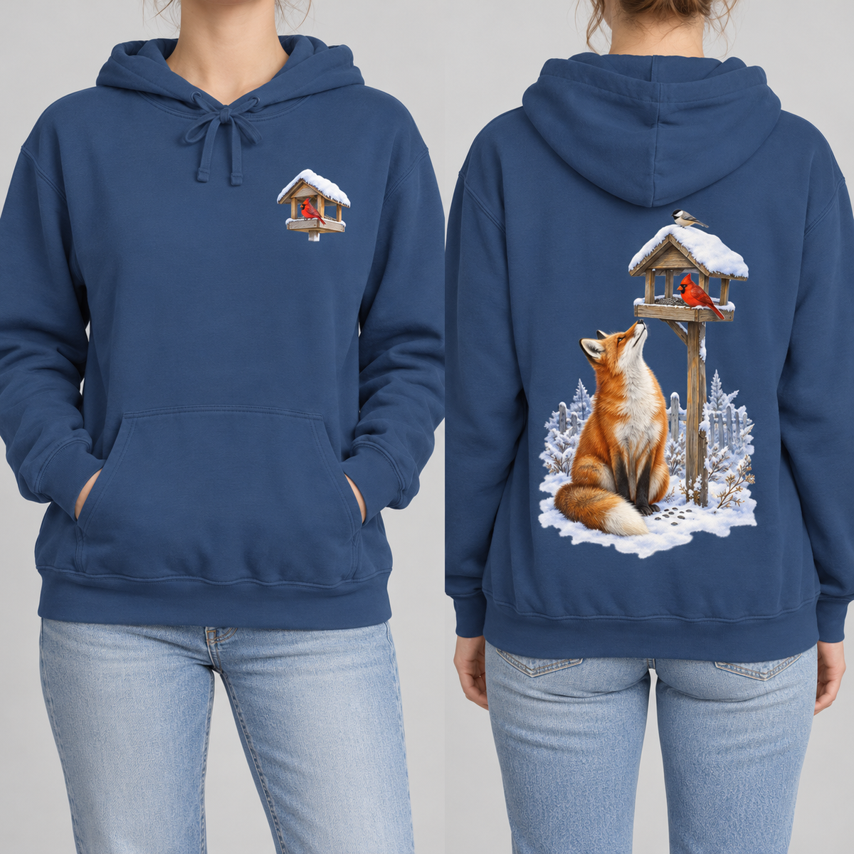 Beneath the Feeder hoodie in True Navy, front cardinal feeder crest and back fox print