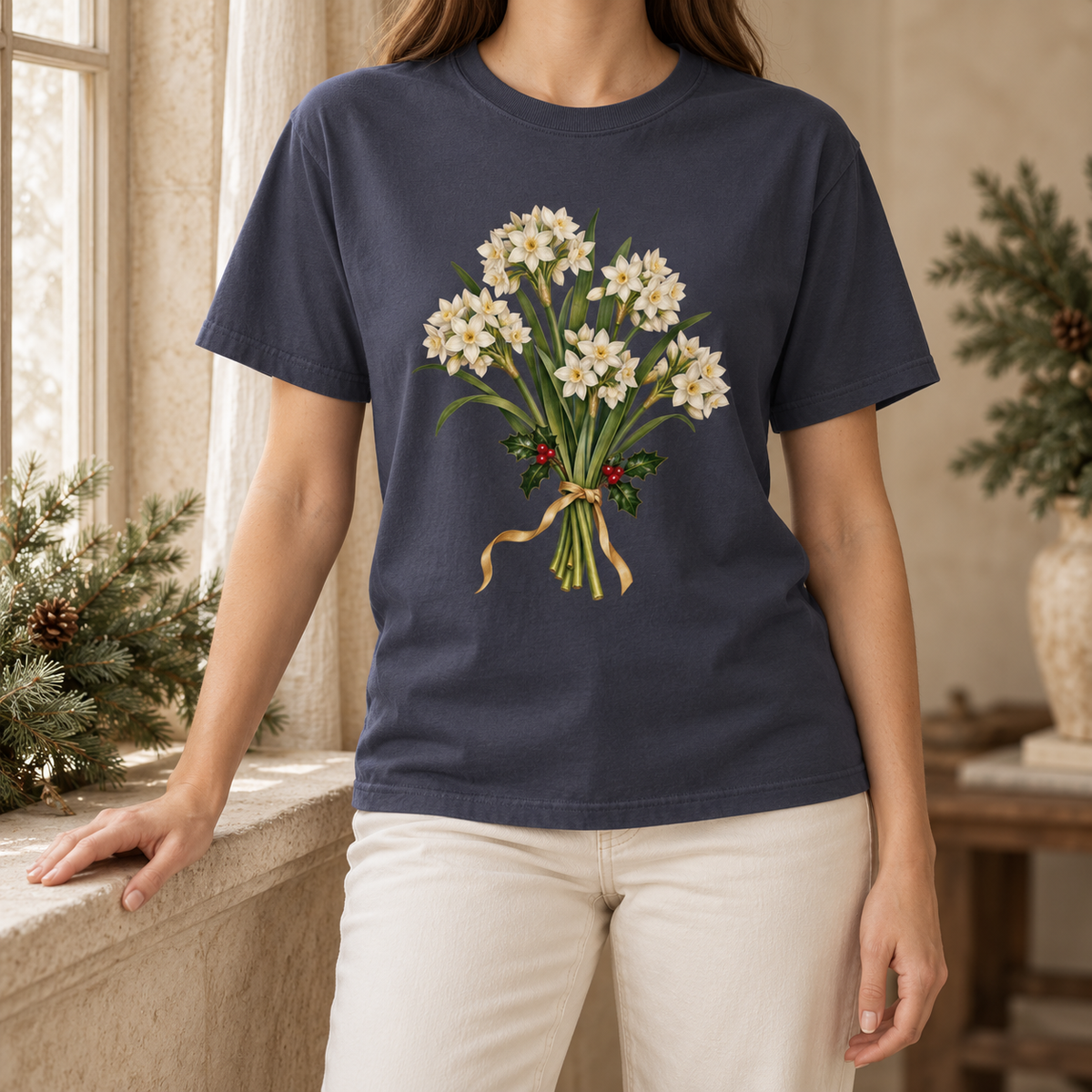 December birth flower t-shirt in Navy – white paperwhite narcissus and red holly berries on a deep navy Comfort Colors tee