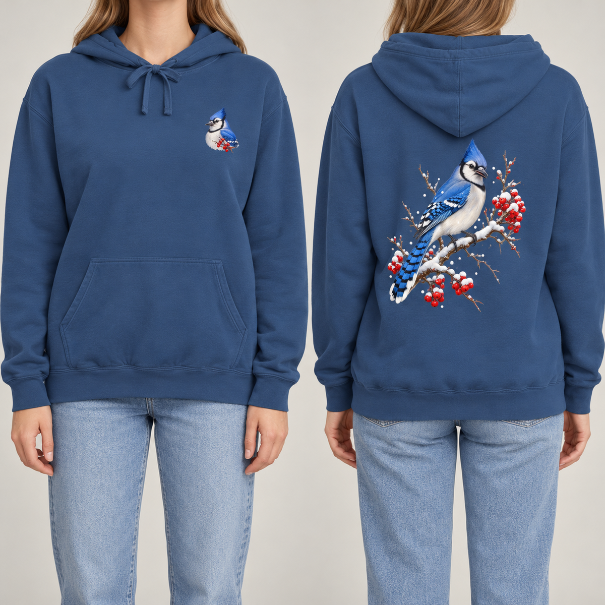 Blue Jay Winterberry hoodie in True Navy, front blue jay crest and back print