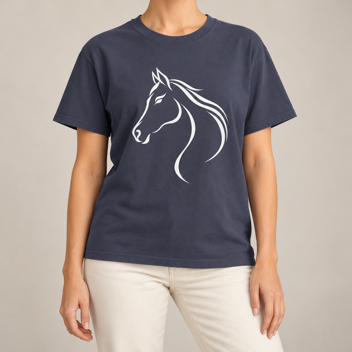 Flowing White Horse Profile T-Shirt in Navy - white line-art horse head on a deep navy garment-dyed tee