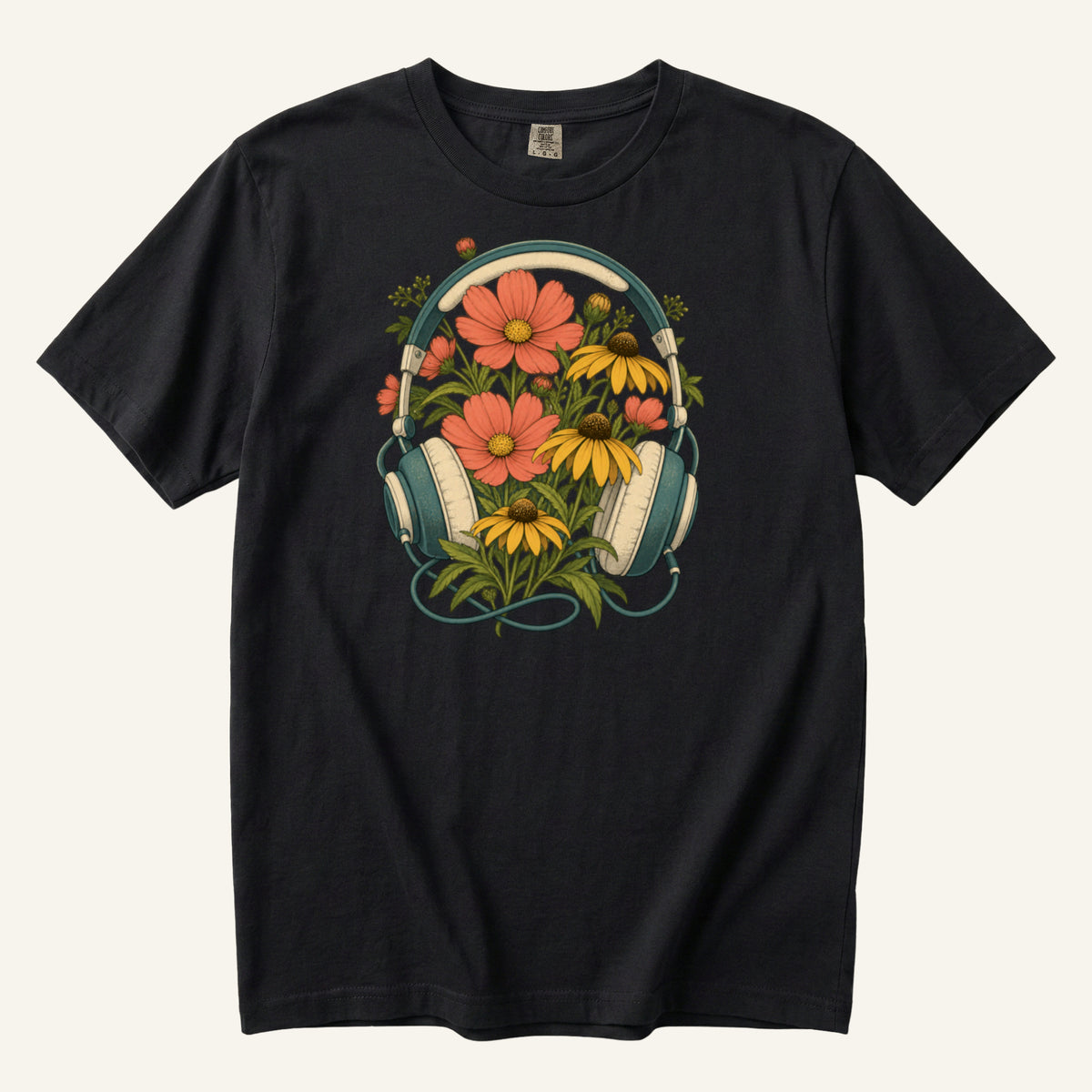 On Her Own Frequency T-Shirt in Black — the flowers and pale ear cushions at strong contrast