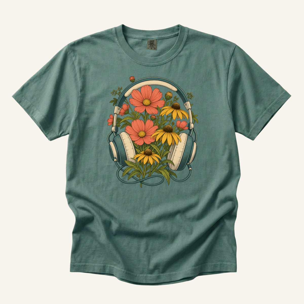 On Her Own Frequency T-Shirt in Light Green — a coordinated garden pairing letting the warm flowers lead