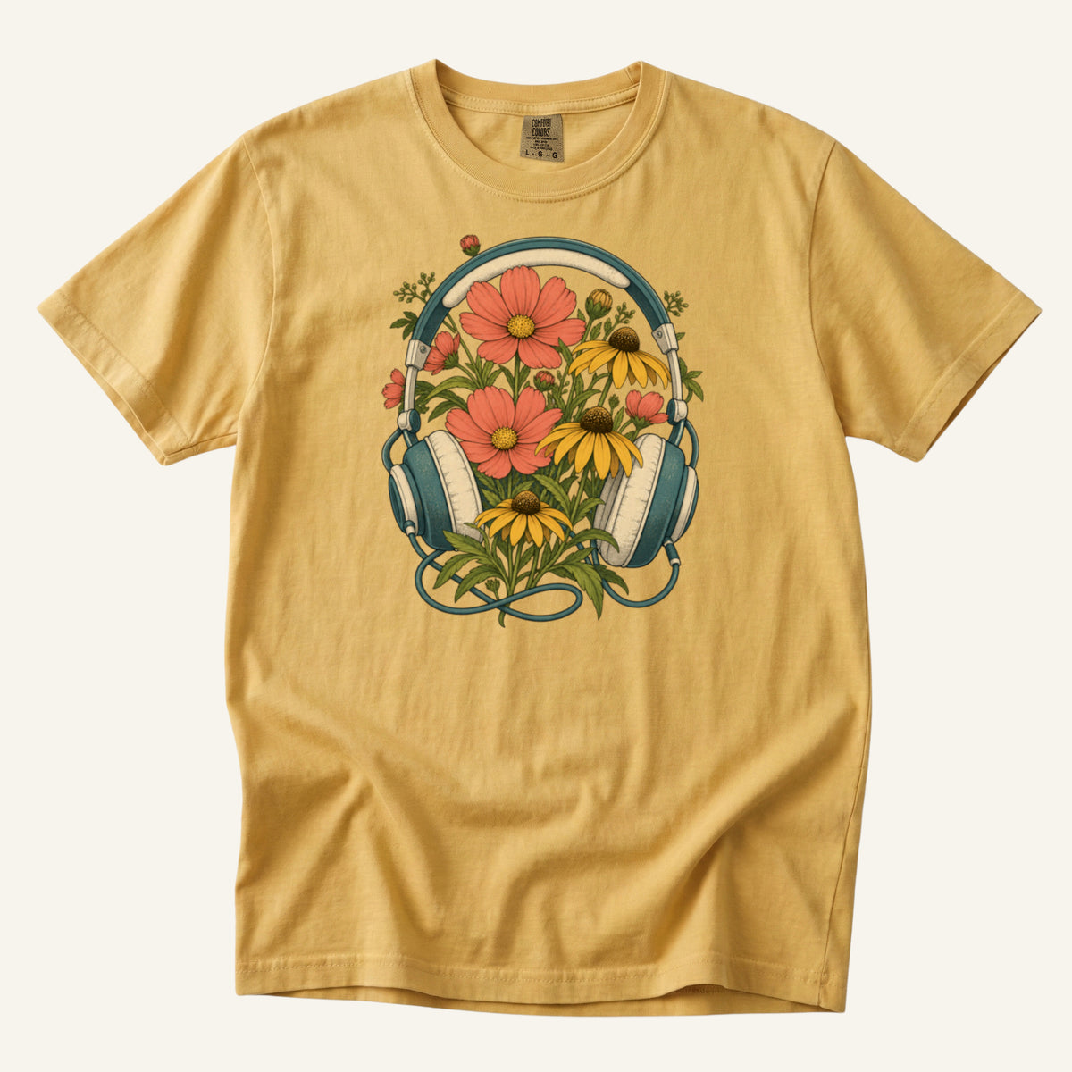 On Her Own Frequency T-Shirt in Mustard — vintage green headphones filled with orange blooms and black-eyed Susans, sizes S to 4XL
