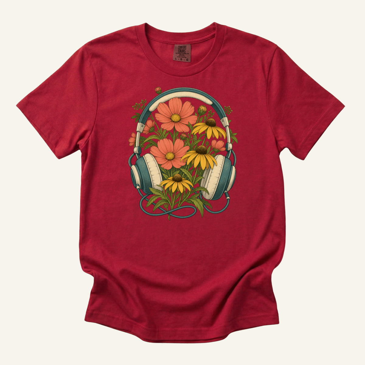 On Her Own Frequency T-Shirt in Red — a bold, energetic option for the floral headphones design