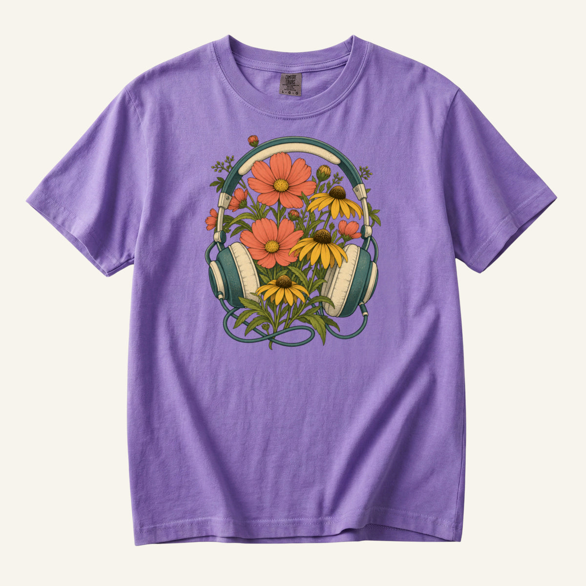 On Her Own Frequency T-Shirt in Violet — a lively contrast giving the design a music-poster feel