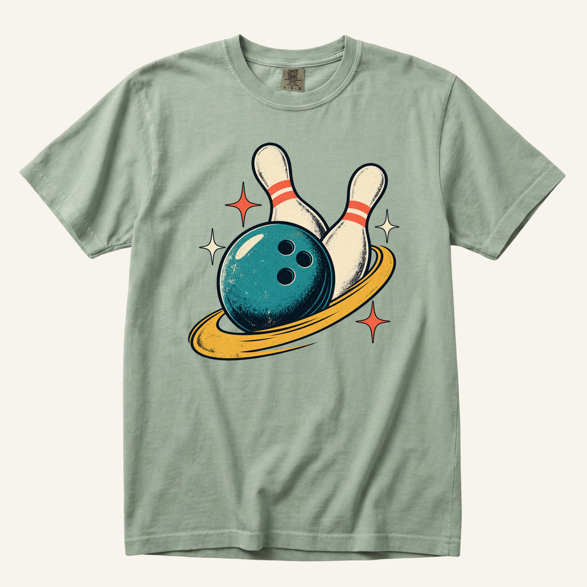 One More Frame T-Shirt in Bay — a teal bowling ball, striped cream pins and a golden ring with retro starbursts